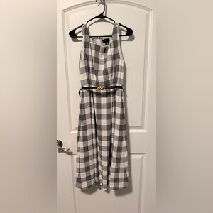 Donna Karan Checkered Black and White Midi Dress with Gold Accent